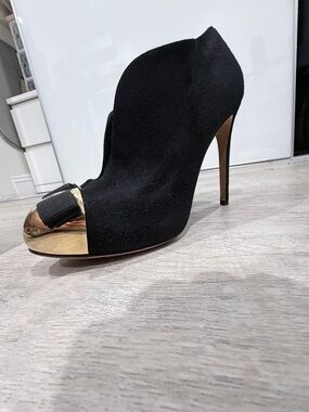 Salvatore Ferragamo Black Suede Ankle Boot with Gold Toe Cap